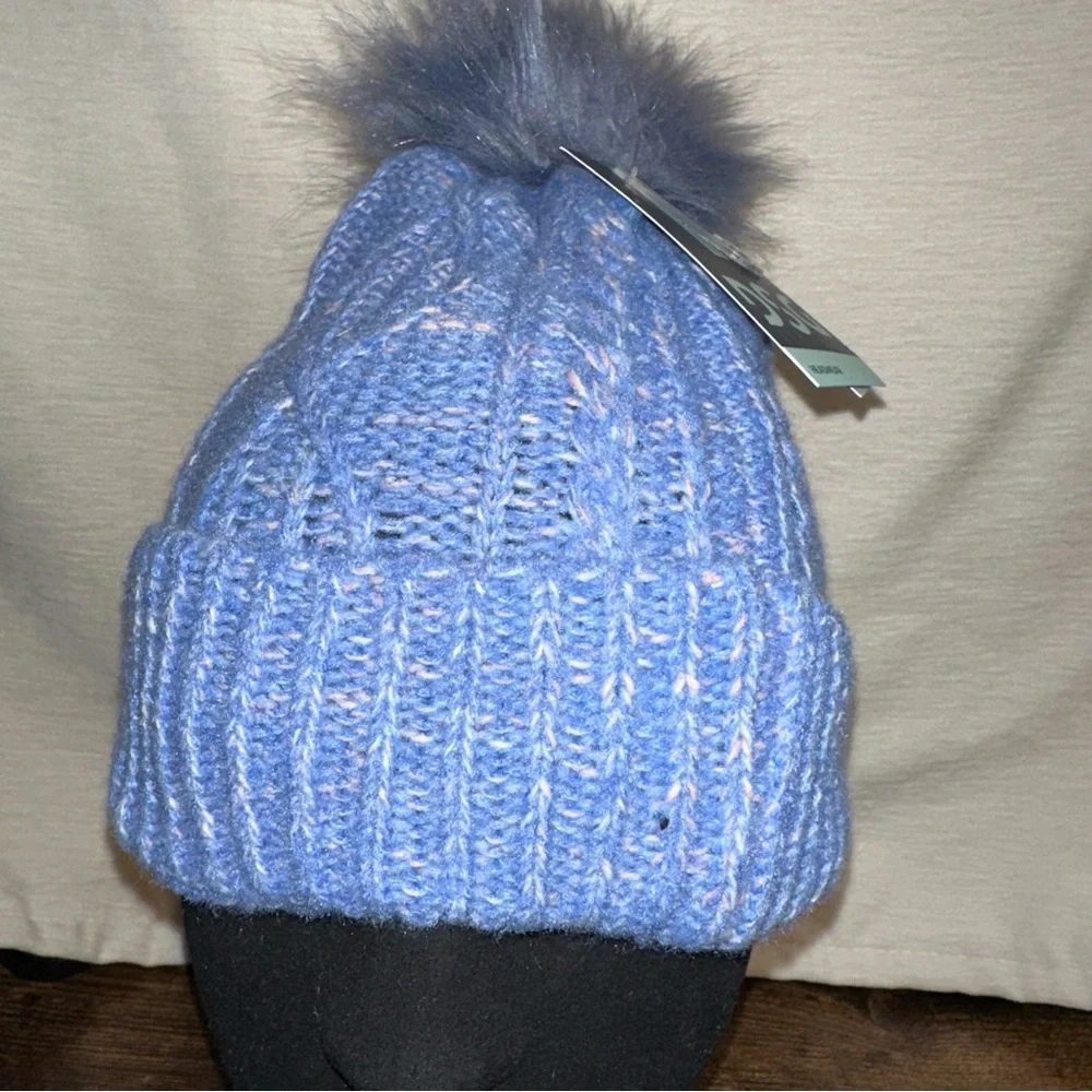 DSG Hat Girls OSFM Blue Melange Cable Knit Faux Fur Pom Pom Beanie Headwear NWT